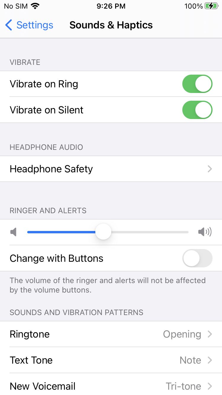 Screenshot of the Sounds and Haptics menu on an Apple iPhone.