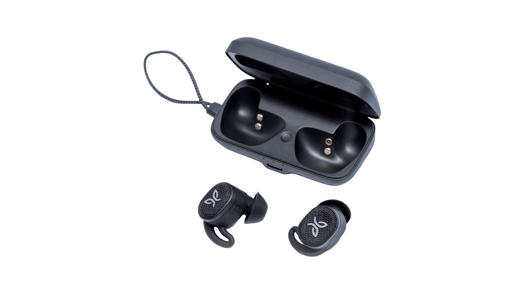 The Jaybird Vista 2 workout earbuds and open case against a white background.