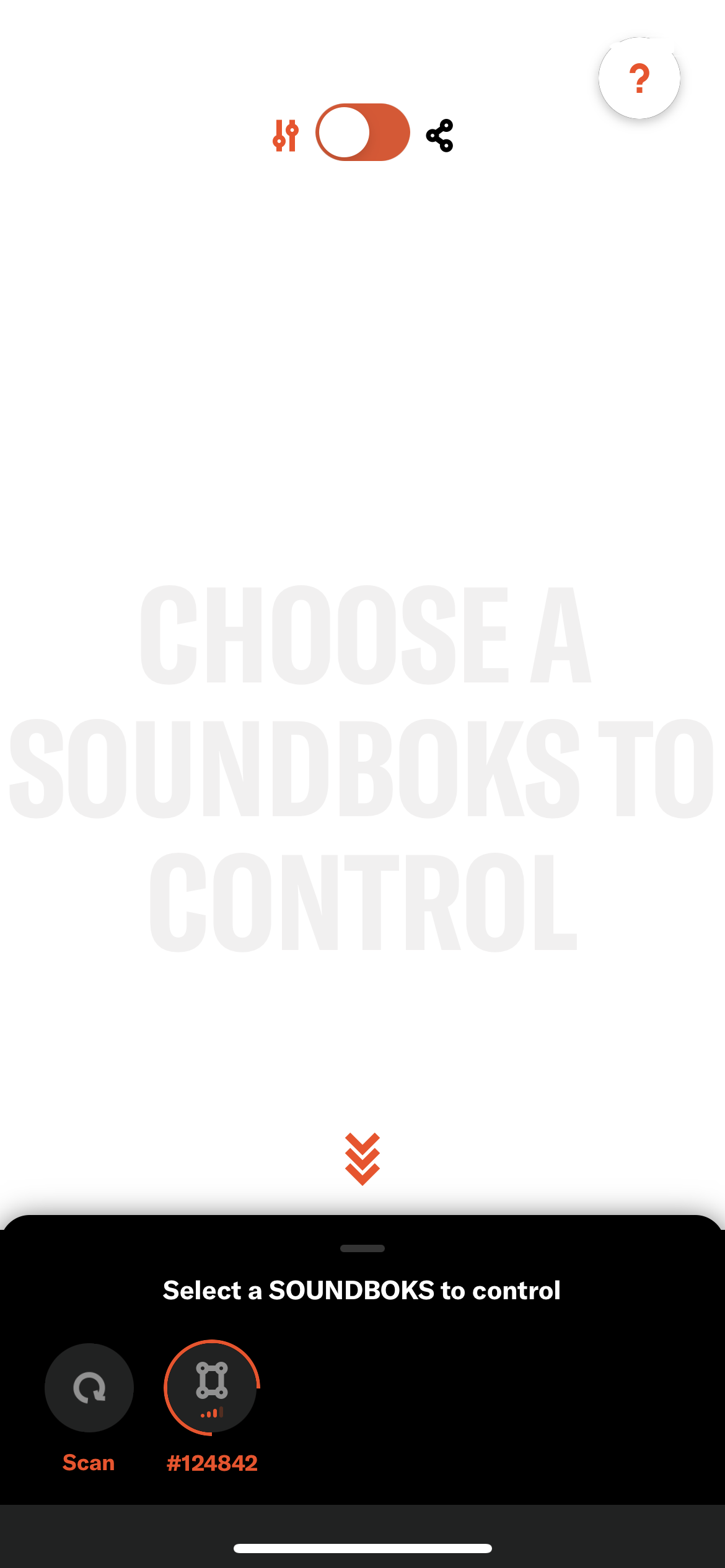 Screenshot of SoundBoks app instructing the user to select which SoundBoks device to control.