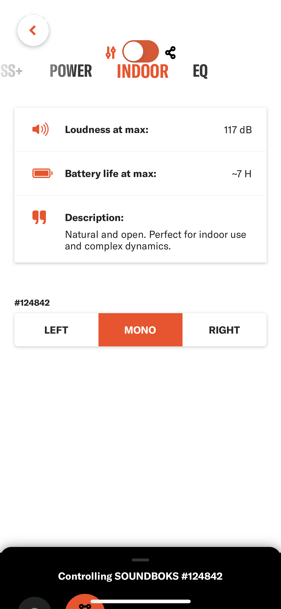 Screenshot of SoundBoks app interface showing Indoor sound profile.