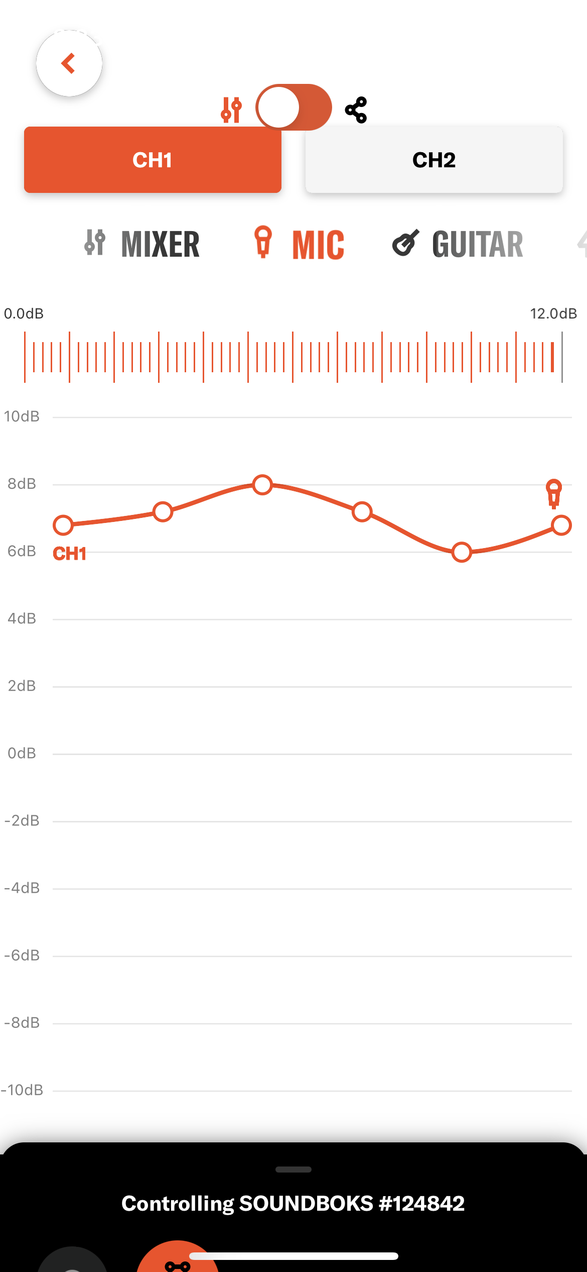 Screenshot of SoundBoks app interface showing Mic equalizer.