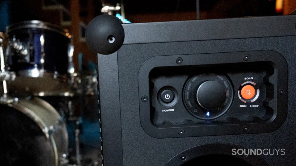 Back of SoundBoks (Gen.3) showing the power button, volume control knob, and TeamUP button.