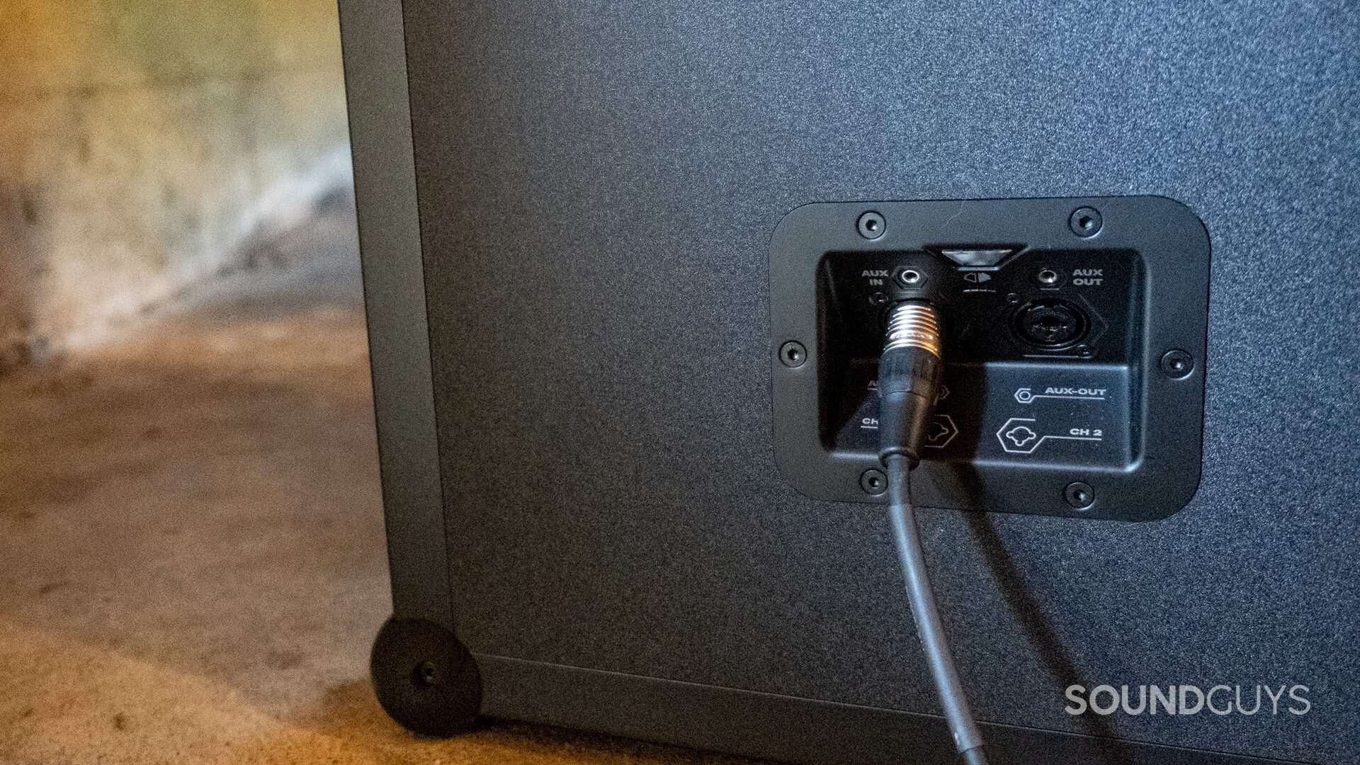 An XLR cable plugged into the Ch. 1 port of the SoundBoks (Gen. 3).