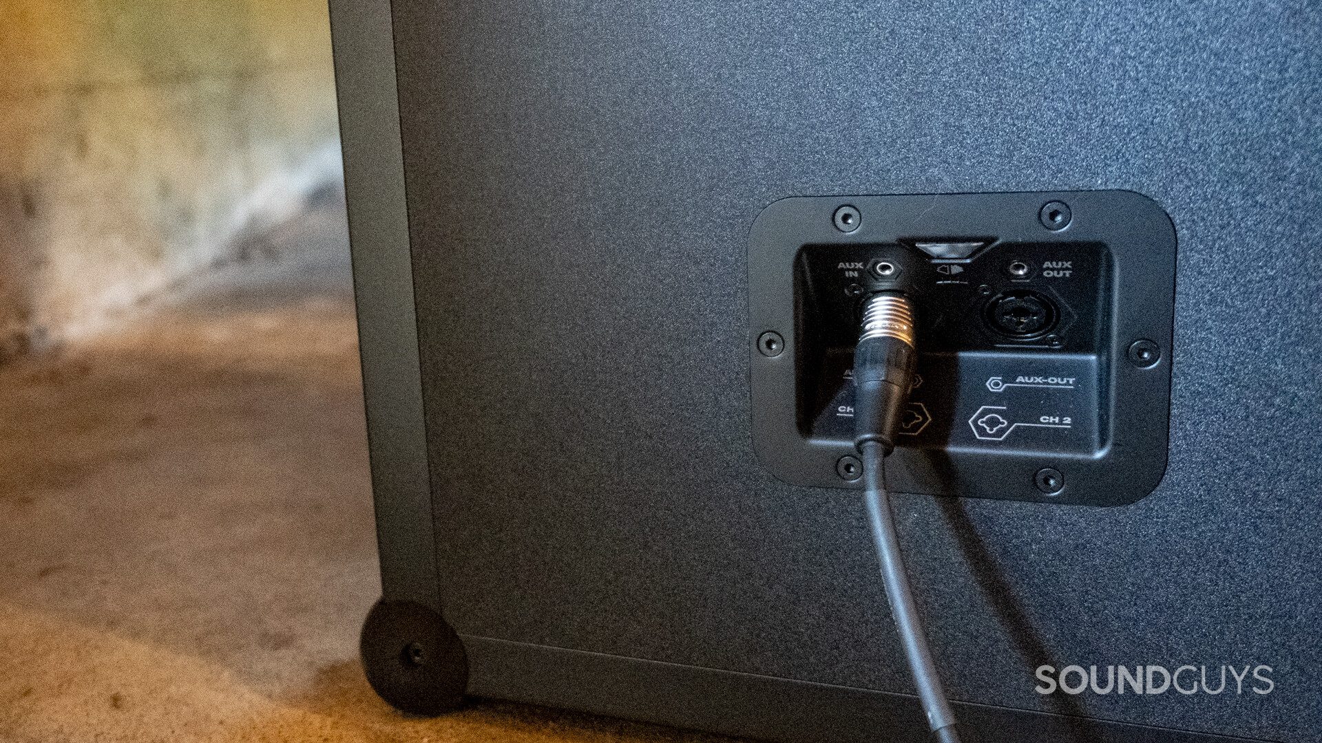soundboks-review-back-ports An XLR cable plugged into the Ch. 1 port of the SoundBoks (Gen. 3).