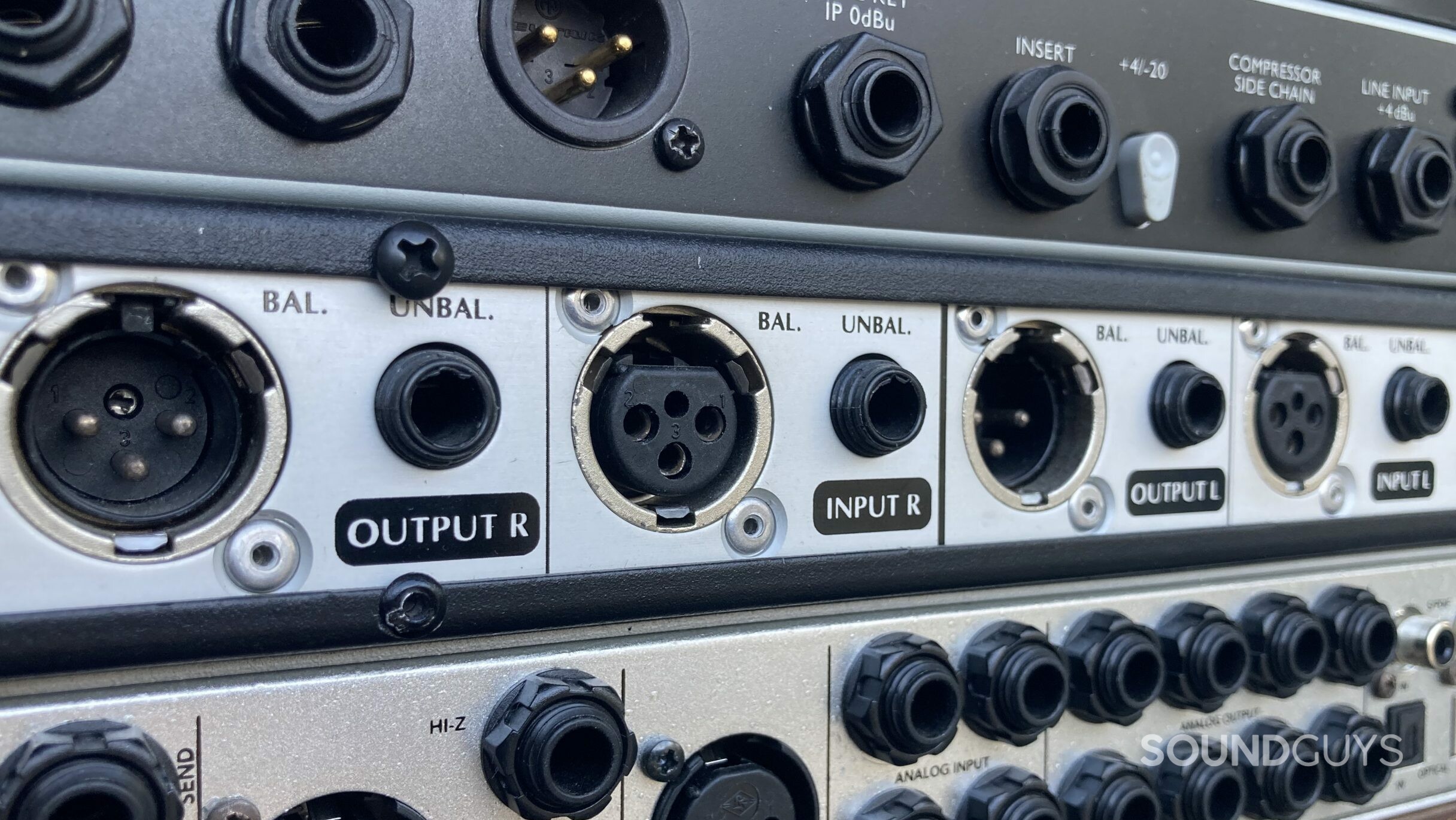The rear panel of various pieces of studio equipment showing jacks and XLR connectors with balanced and unbalanced designations.