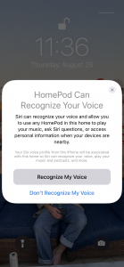 Screenshot of HomePod mini setup on iPhone displaying voice recognition.