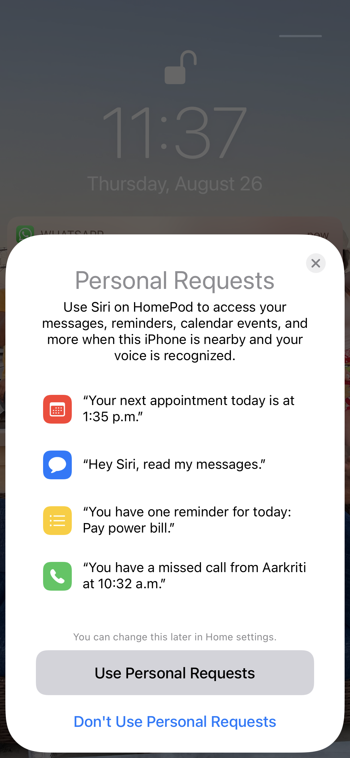 Screenshot of HomePod setup screen on iPhone displaying Personal Requests.