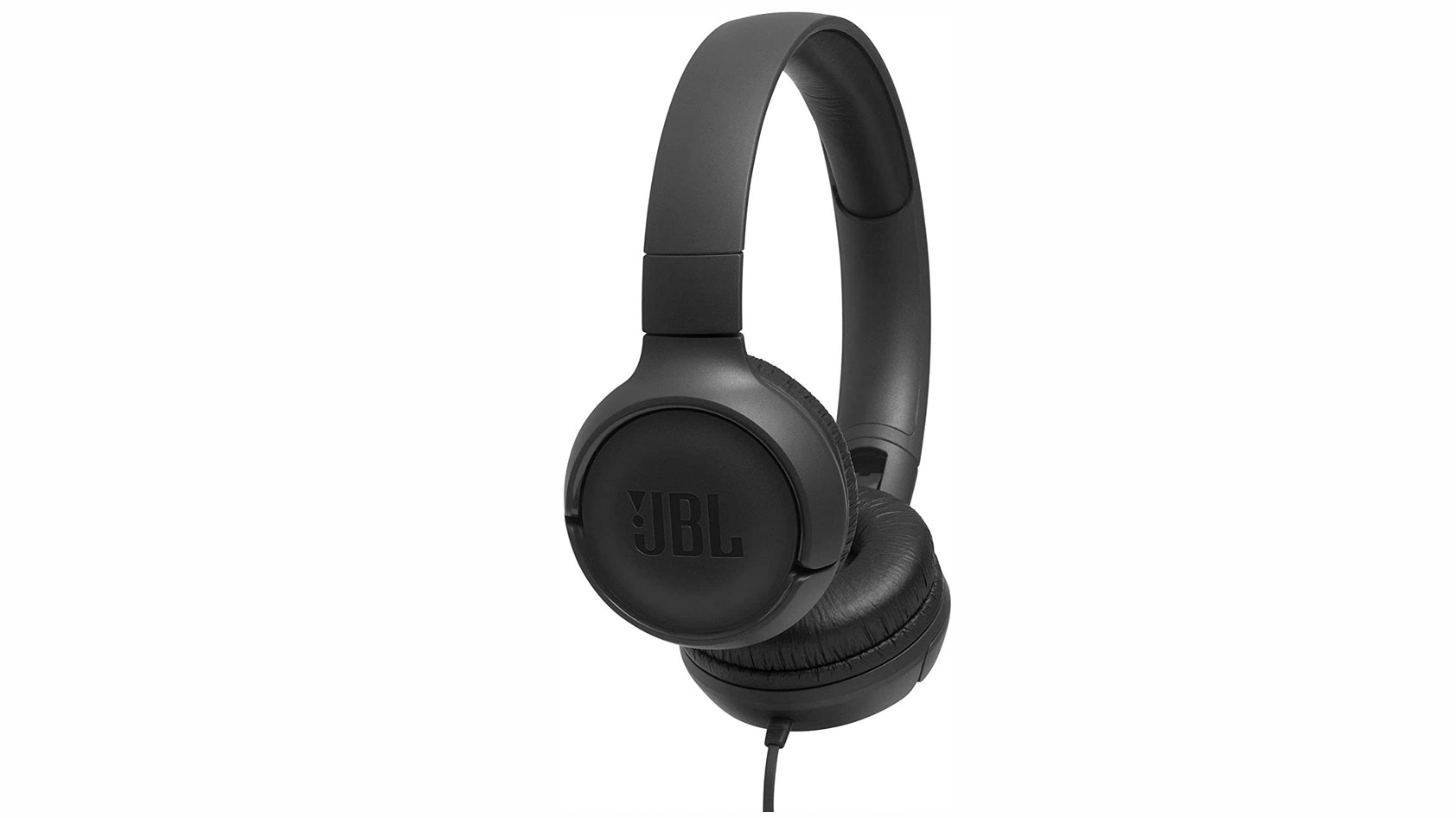 JBL-Tune-500-product-image The JBL Tune 500 wired headphones in black against a white background.