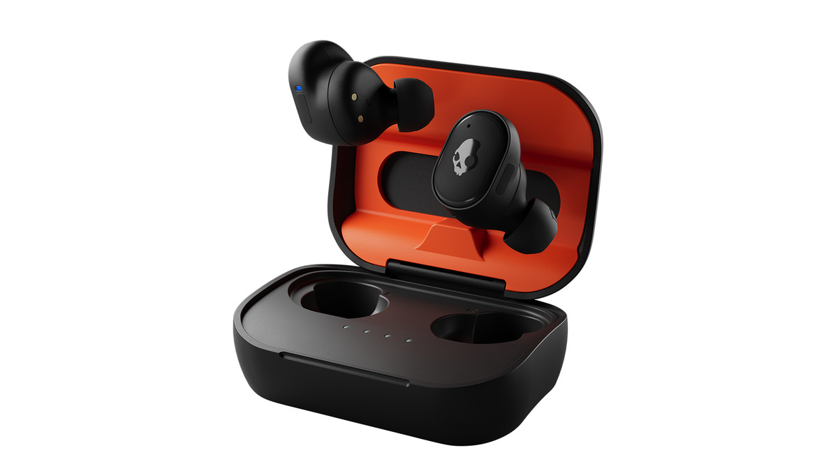 Skullcandy Grind Fuel true wireless earbuds and case against a white background.