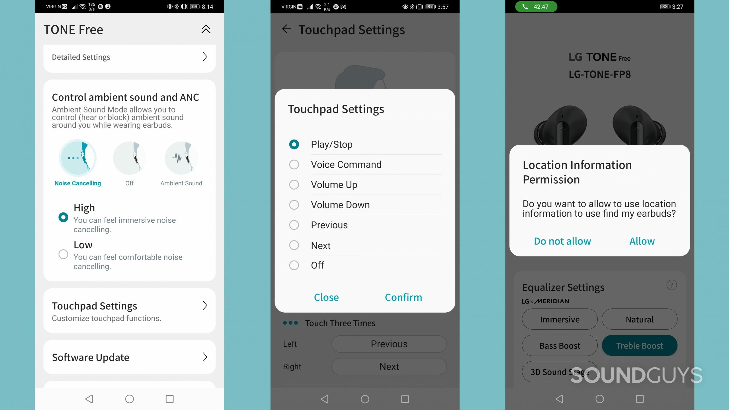 Three screenshots show the ANC functions, touchpad control options, and both the location tracking reminder and EQ presets for the LG TONE Free FP8 and its app, TONE free.