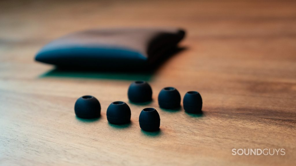 Three sets of silicone ear tips and a cloth bag for the Sennheiser IE 100 PRO Wireless.