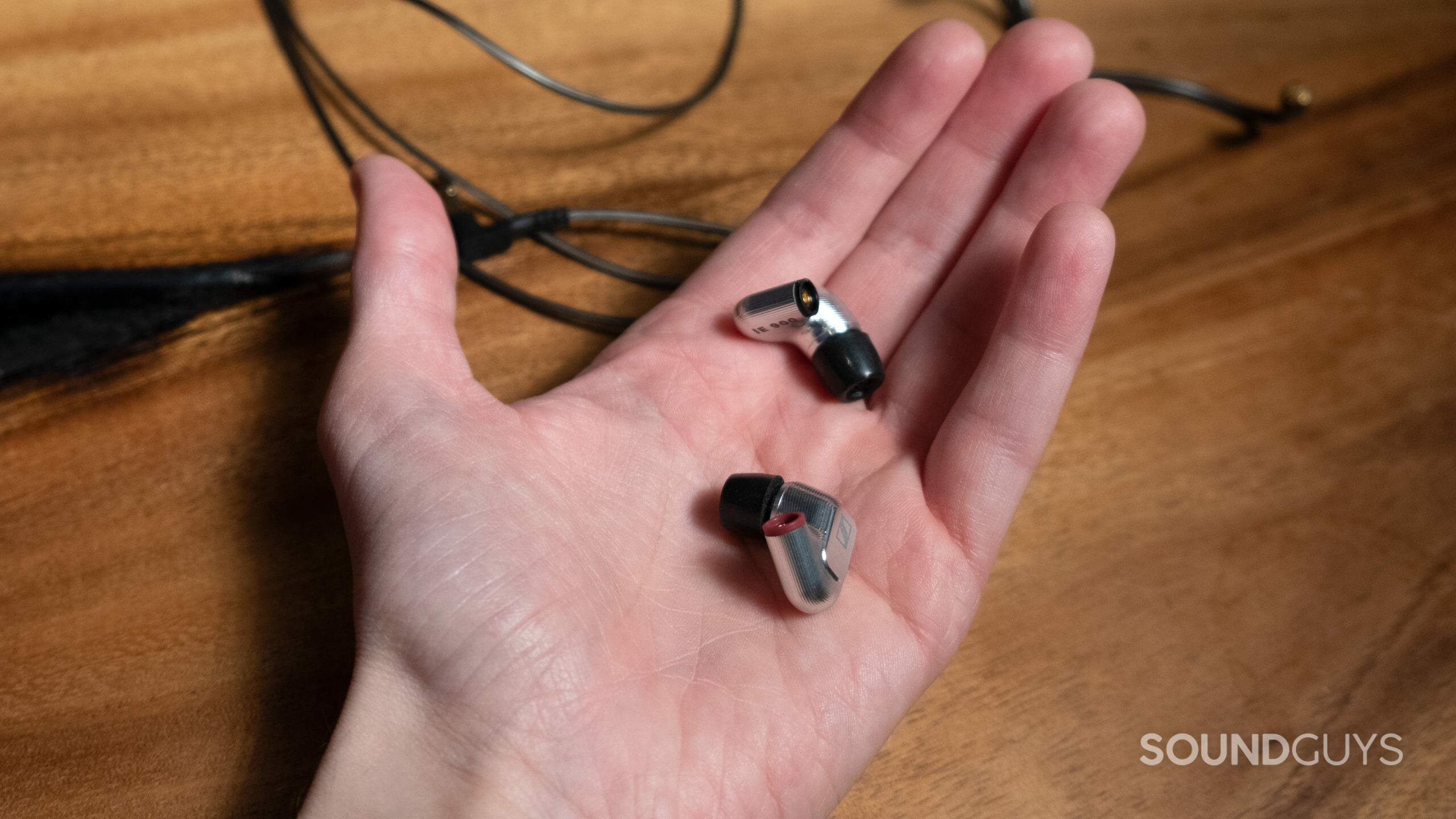 A hand holds the Sennheiser IE 900 earphones without the cable attached.