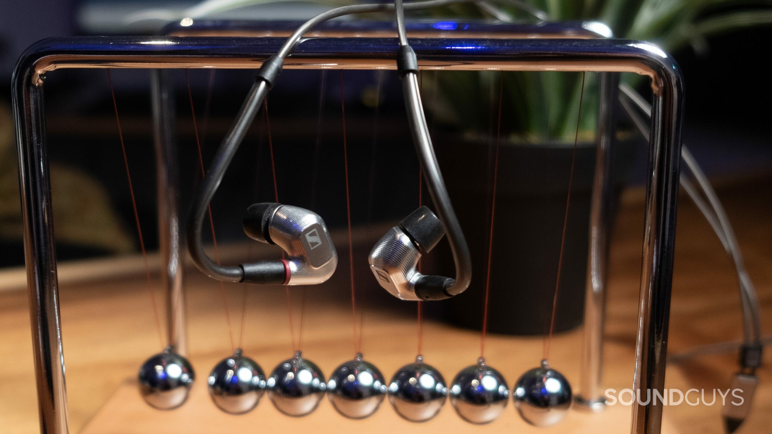 Image shows Sennheiser IE 900 dangling over a Newton's Cradle on a wood desk with a plant in the background.