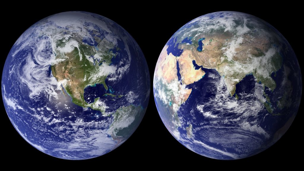 A photo of the two sides of planet Earth next to each other.