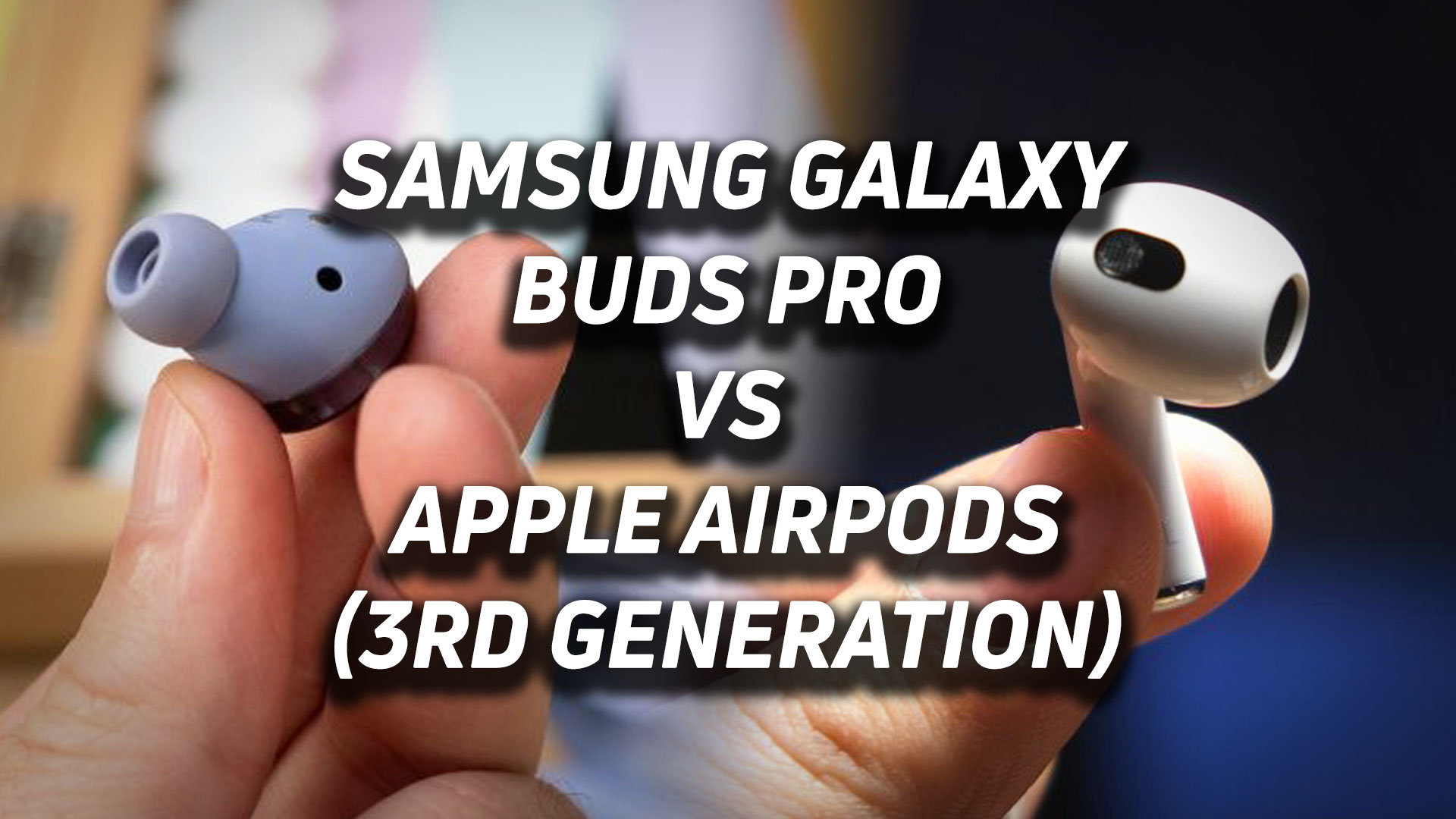 A blended image of the Samsung Galaxy Buds Pro in lavender and the white Apple AirPods (3rd generation).