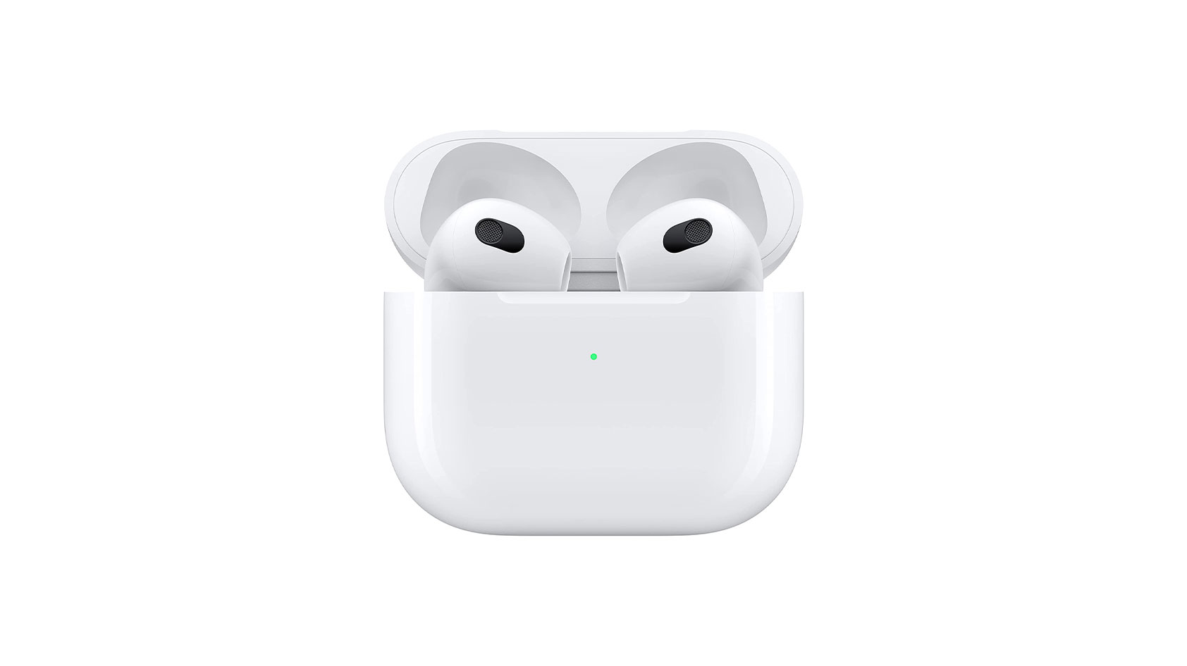 The Apple AirPods (3rd generation) true wireless earbuds in the open charging case against a white background.