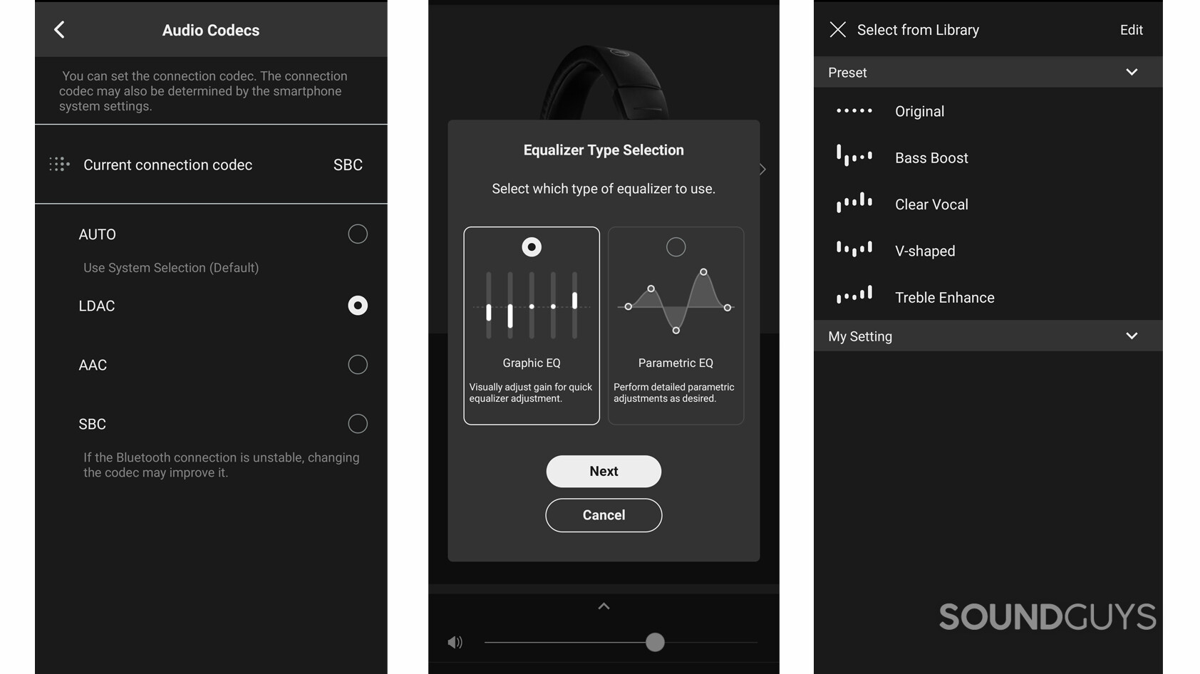 Three screenshots of Connect app shows codec selection, optional EQ visualization, and EQ presets.