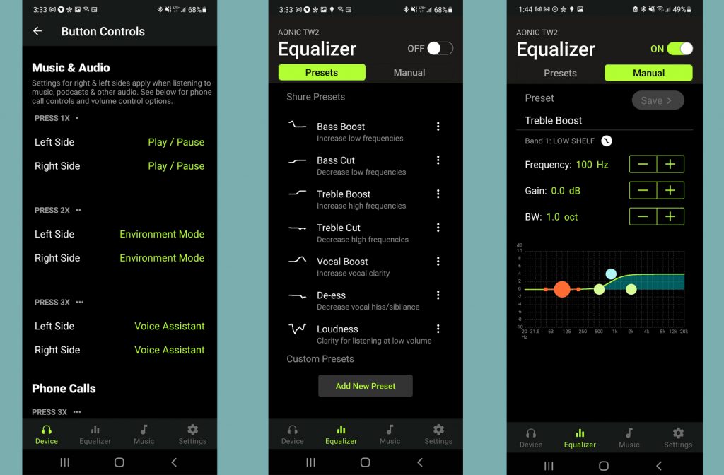 Three screenshots of the ShurePlus Play app that accompanies the AONIC 215 Gen 2 showing button assignment and EQ functions.