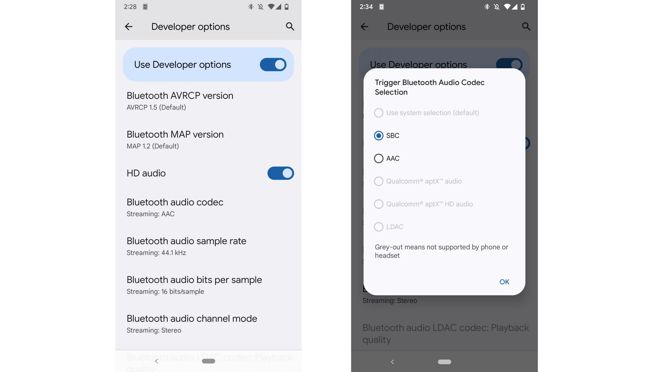 Two screenshots placed next to each other of an Android phone's settings screens. The left is the developer options menu, and the right is the Bluetooth codec seletion menu where all options except SBC and AAC are grayed out. Left screenshot text transcription: Developer options. Use Developer options. Bluetooth AVRCP version. AVRCP 1.5 (Default). Bluetooth MAP version MAP 1.2 (Default). HD audio. Bluetooth audio codec. Streaming: AAC. Bluetooth audio sample rate Streaming: 44.1 kHz. Bluetooth audio bits per sample Streaming: 16 bits/sample. Bluetooth audio channel mode Streaming: Stereo. Bluetooth audio LAC codec: Playback quality. Right screen shot text transcription: Developer options. Use Developer options. Trigger Bluetooth Audio Codec Selection. Use system selection (default). SBC. AAC. Qualcomm® aptX&quot; audio. Qualcomm® aptX&quot; HD audio. LDAC. Grey-out means not supported by phone or headset. Ok.