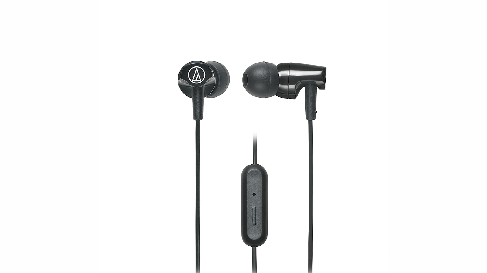 The Audio-Technica ATH-CLR100iSBK Sonicfuel wired earbuds in black against a white background.