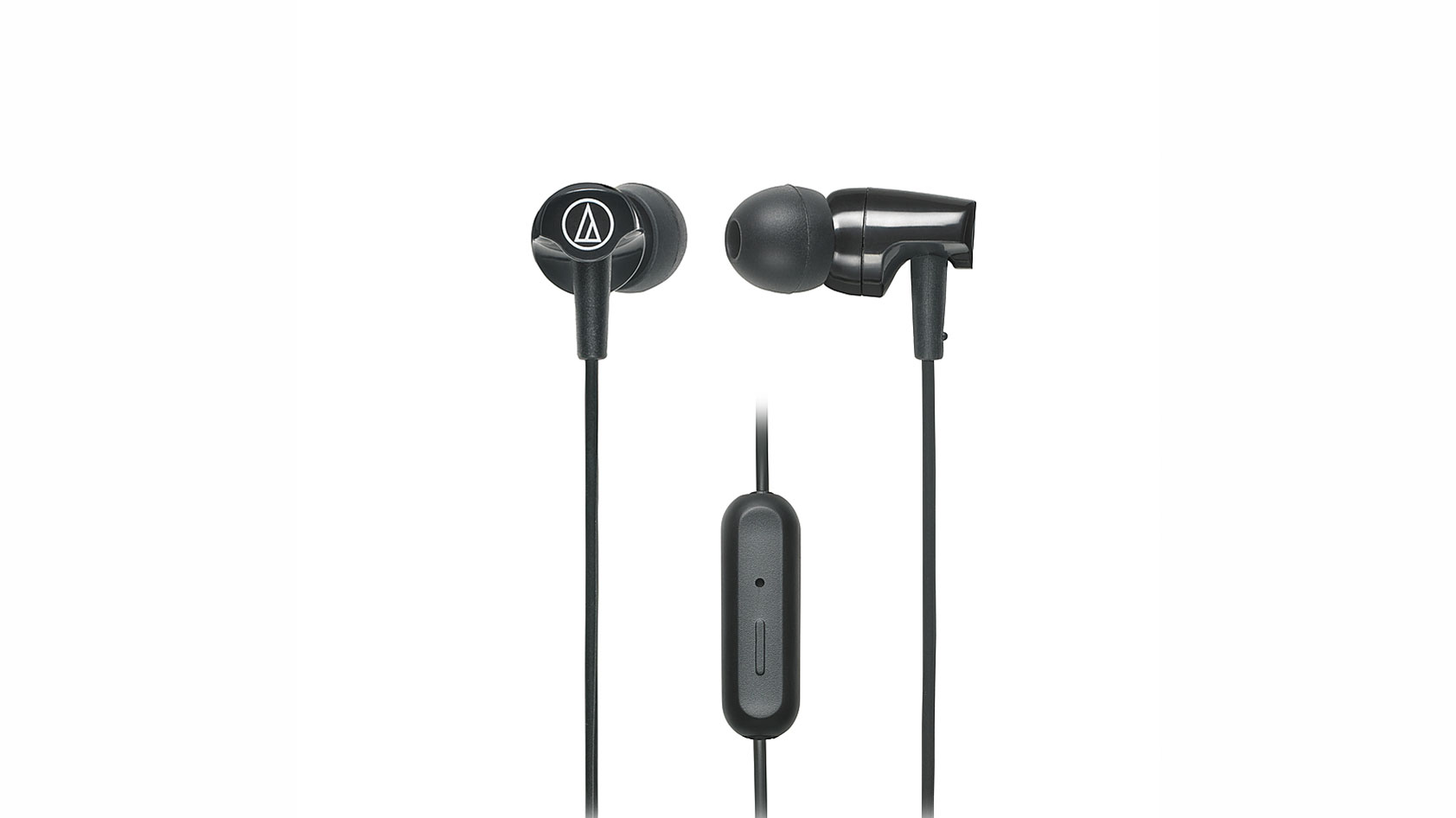 Audio-Technica-ATH-CLR100iSBK-Sonicfuel-earbuds-product-image The Audio-Technica ATH-CLR100iSBK Sonicfuel wired earbuds in black against a white background.