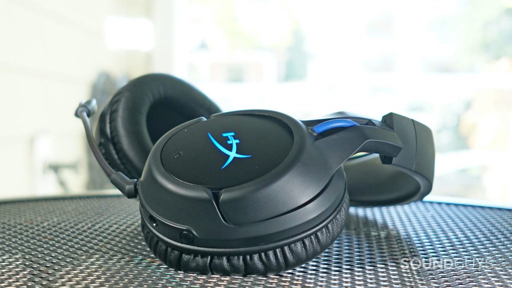 The HyperX Cloud Flight Wireless lays on a metal table.