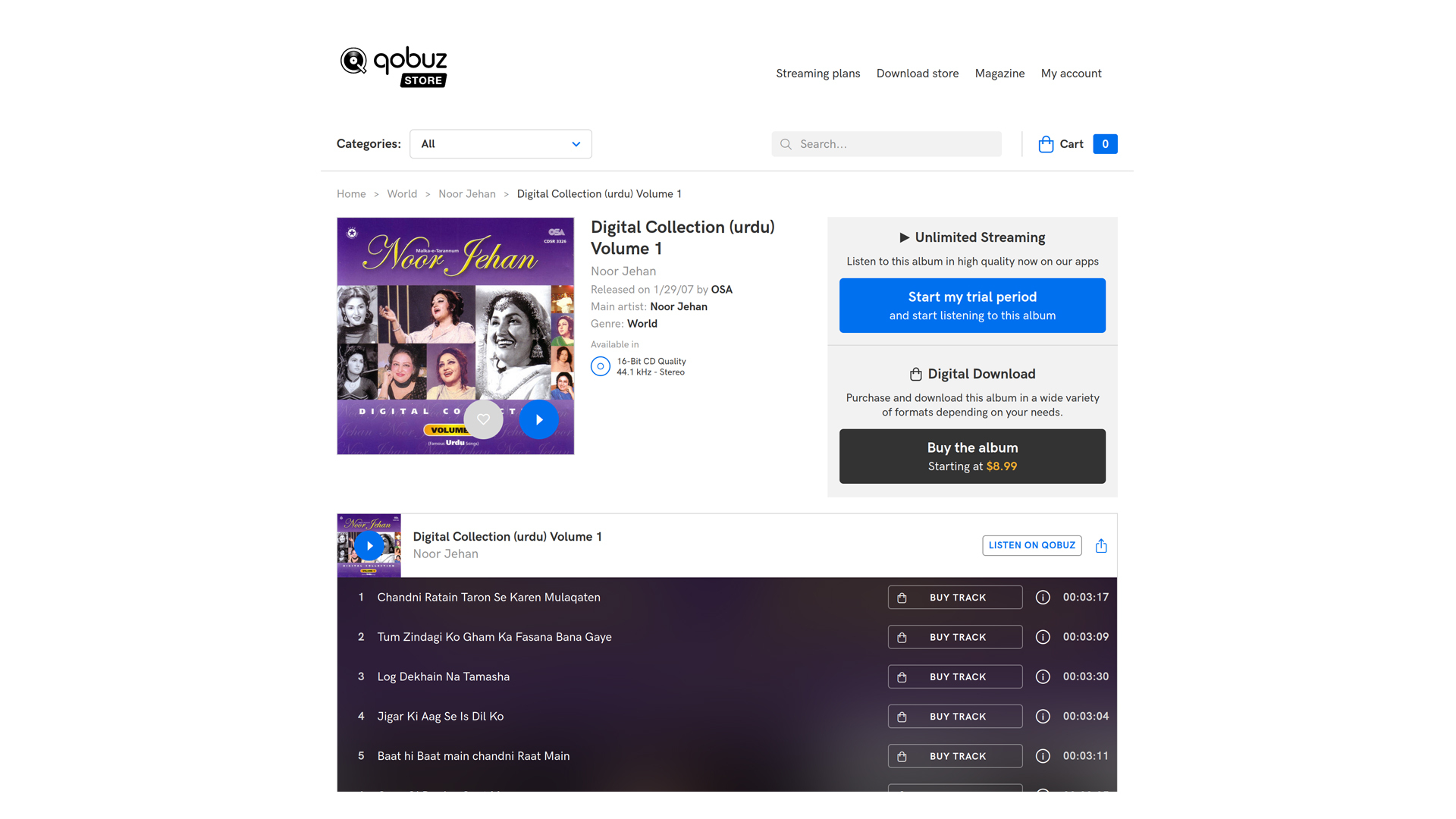 A screenshot of the Qobuz Store purchase page for the album &quot;Digital Collection (Urdu) Volume 1&quot; containing assorted hits by Pakistani artist Madam Noor Jahan. The &quot;Start my trial period&quot; blue-colored button and &quot;Buy the album; Starting at $8.99&quot; black-colored button are visible.