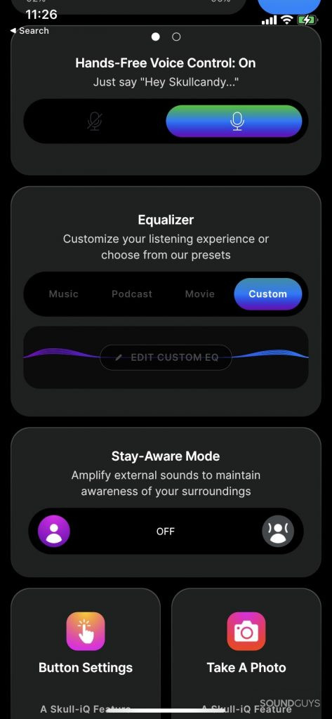 Skullcandy Push Active app EQ and listening modes
