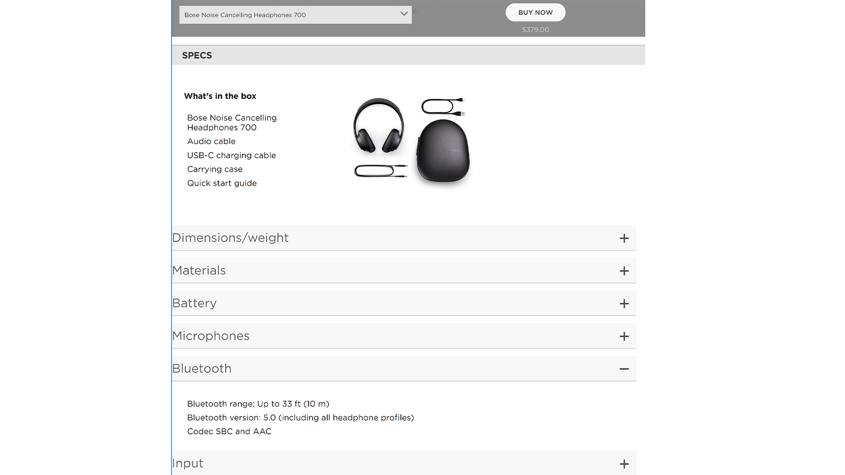 A screenshot of the Bose Noise Canceling 700 headphones specs page with the Bluetooth drop-down menu opened. The text reads: Specs. What’s in the box. Bose Noise Canceling Headphones 700. Audio cable. USB-C charging cable. Carrying case. Quick start guide. Bluetooth. Bluetooth range: Up to 33 ft (10 m). Bluetooth version: 5.0 (including all headphone profiles). Codec SBC and AAC.