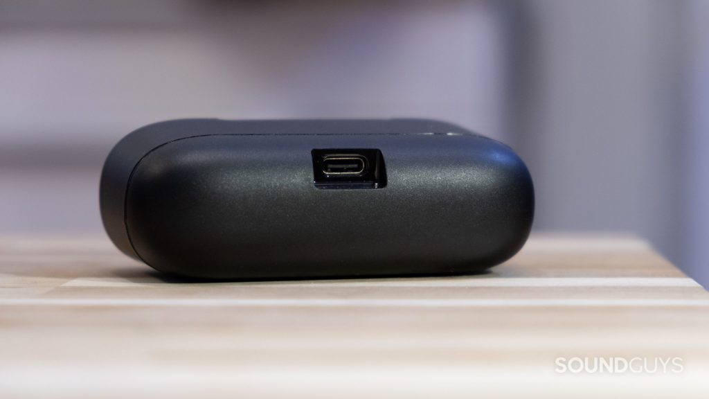The case of the Shure AONIC Free showing the USB-C connection on the buottom.