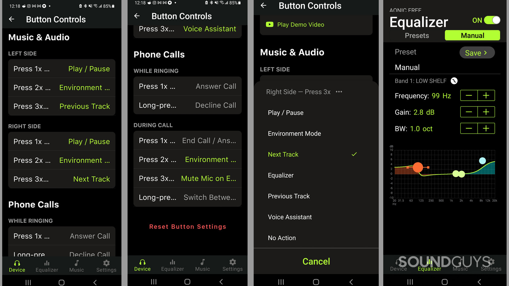 Screenshots of ShurePlus Play app for the Shure AONIC Free, showing controls and EQ.