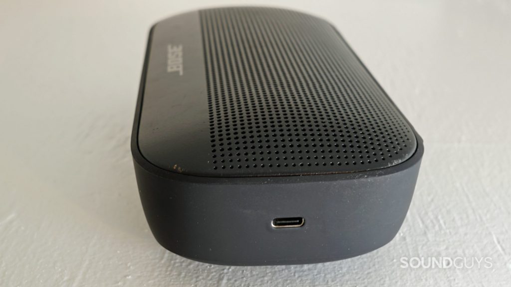 A photo of the Bose SoundLink Flex showing the USB-C charging input on its left-hand side.