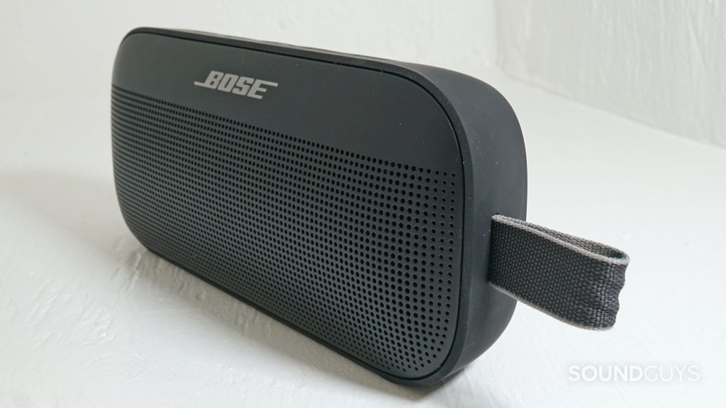 An angled shot of a black Bose SoundLink Flex Bluetooth speaker against a white background.