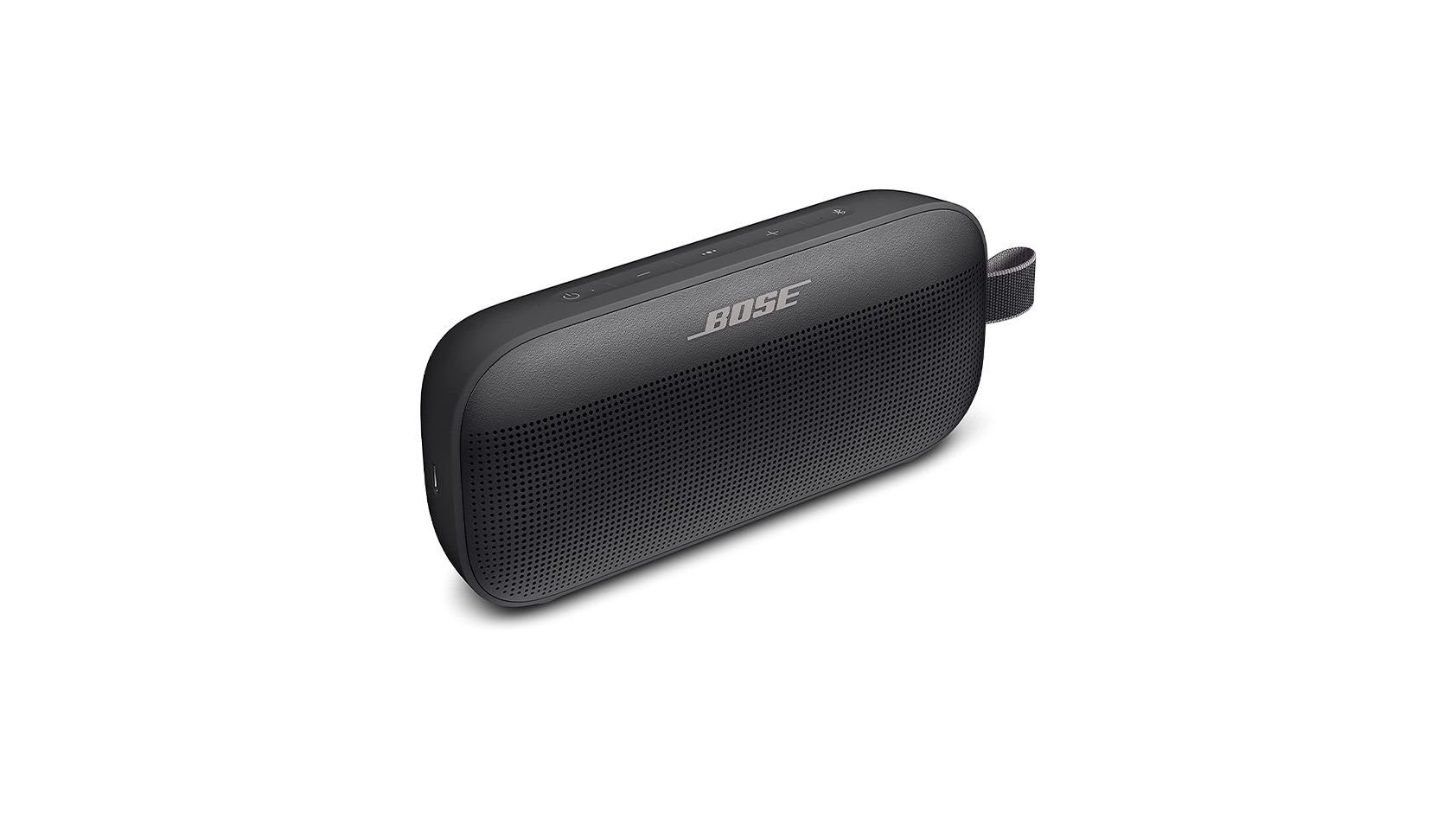 An angled shot of a Bose SoundLink Flex Bluetooth speaker showing the grille, carrying loop, and logo.