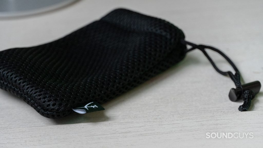 The black mesh travel case of the HyperX Cloud Buds Wireless.