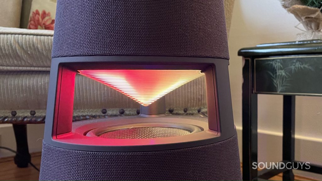 LG XBOOM 360 zoomed into its lantern.