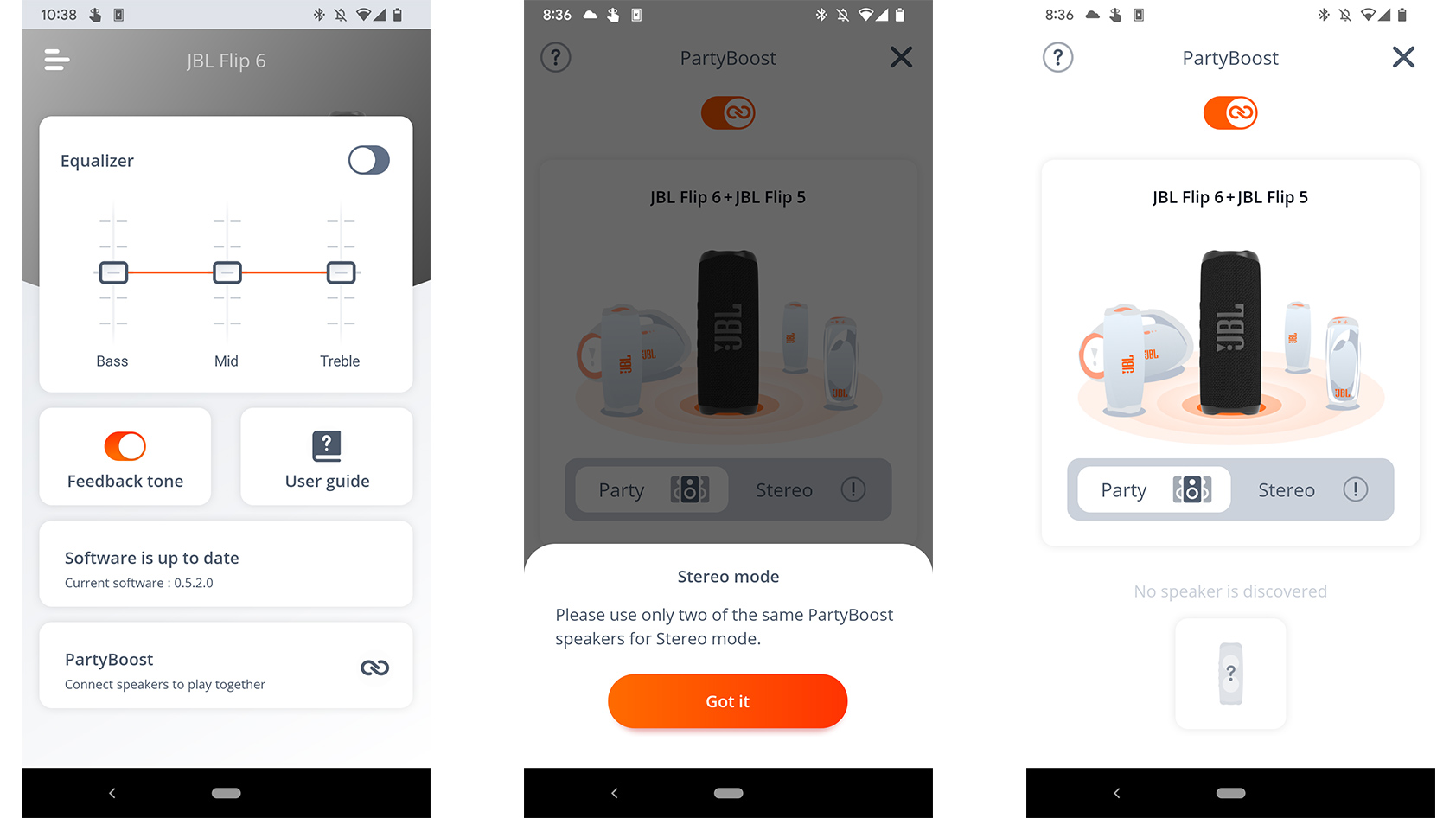 Screenshots of the JBL Portable app after it has been synced to the JBL Flip 6 showing from left to right the main page with an equalizer, a notification that the JBL Flip 6 can only do Stereo mode with another of the same speaker, and the PartyBoost function..