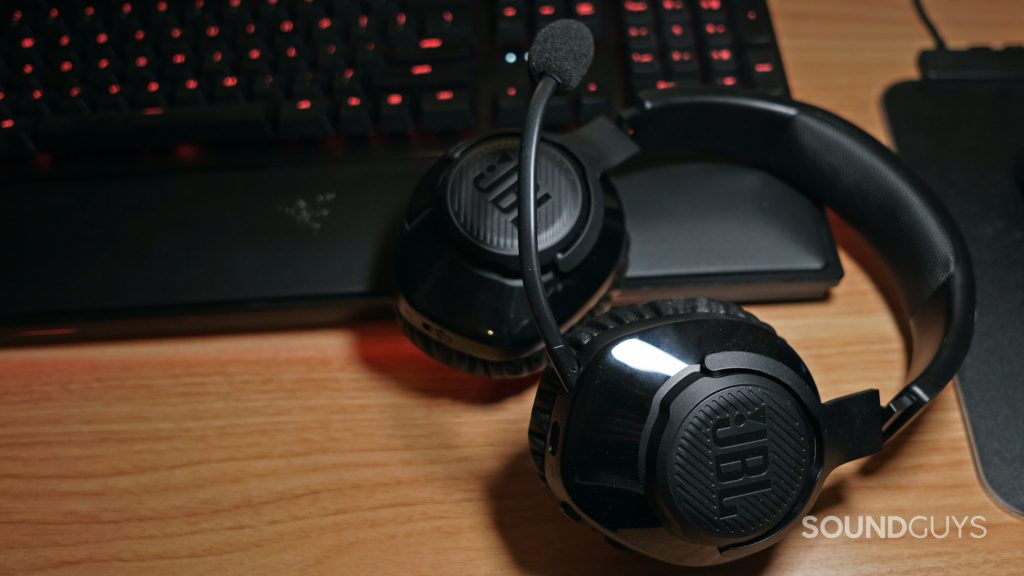 JBL Quantum 350 Wireless sitting on a desk by a keyboard