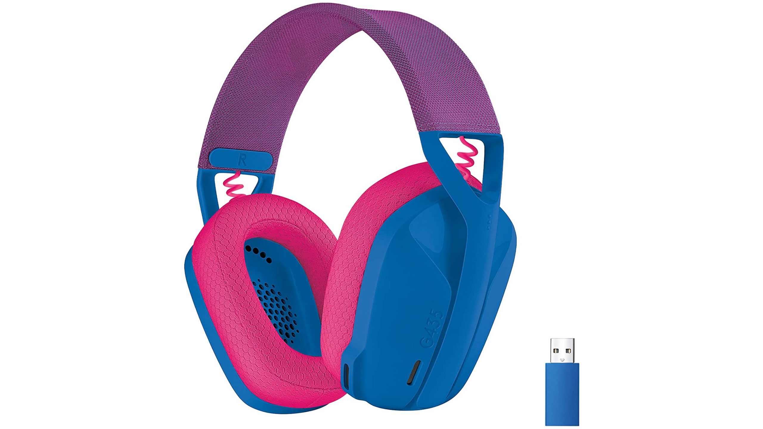 The Logitech G435 gaming headset in blue, purple, and pink against a white background.
