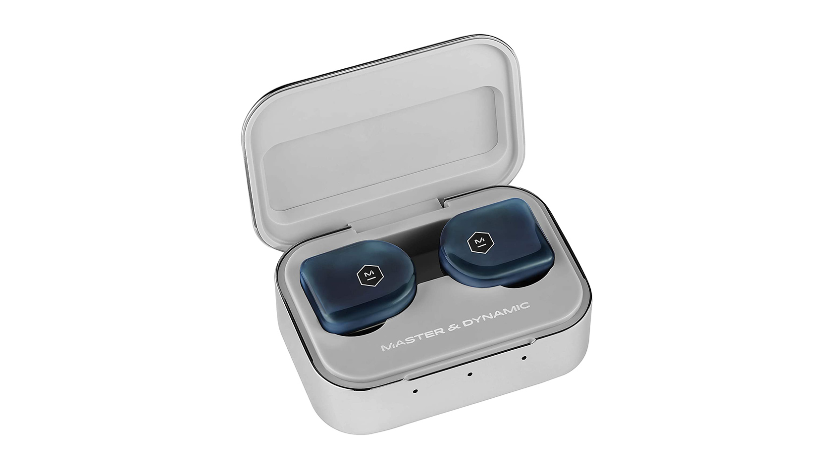 The Master & Dynamic MW07 Plus true wireless earphones in blue in the gray case.