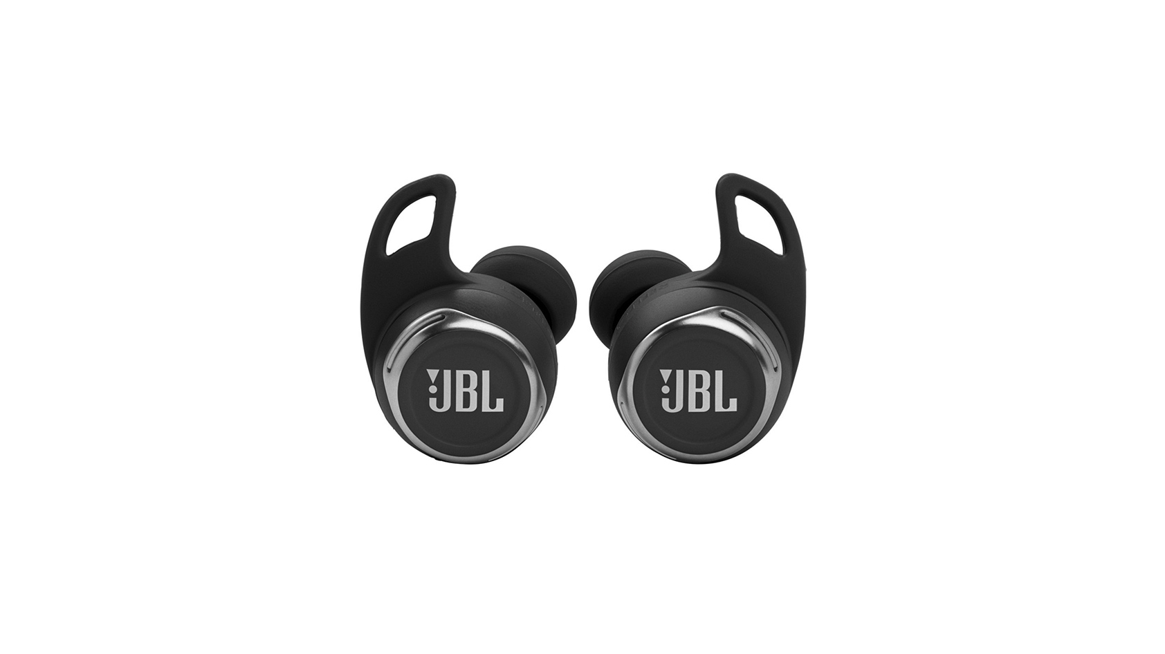The JBL Reflect Flow Pro true wireless earbuds in black against a white background.