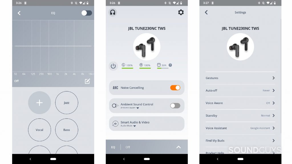 Three screenshots of the The JBL Tunes 230NC TWS earbuds' JBL Headphones app showing from left to right the equalizer, home screen, and additional configuration options.