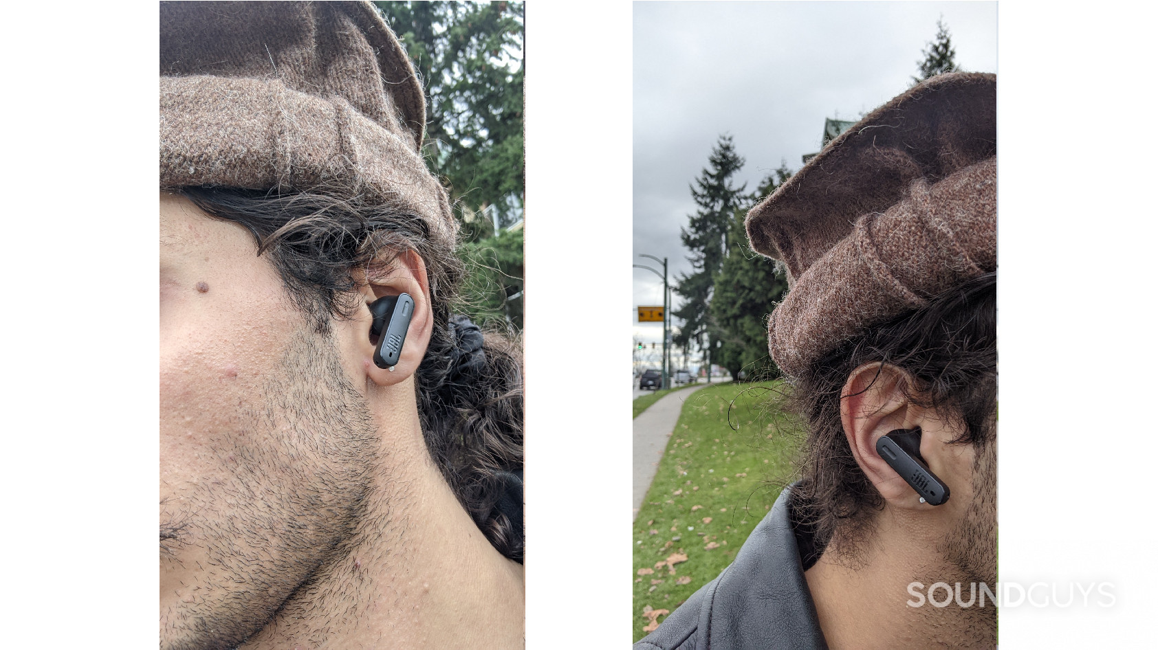 The JBL Tune 230NC TWS being worn in two photos in the left and right ears, respectively.