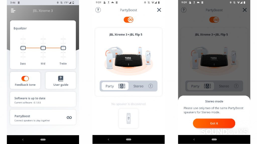 Three screenshots of the JBL Portable app showing from left to right the main screen and equalizer, the PartyBoost settings screen when a JBL Flip 5 is also connected, and a notifcation that stereo mode is unsupported using an Xtreme 3 and a JBL Flip 5 together.