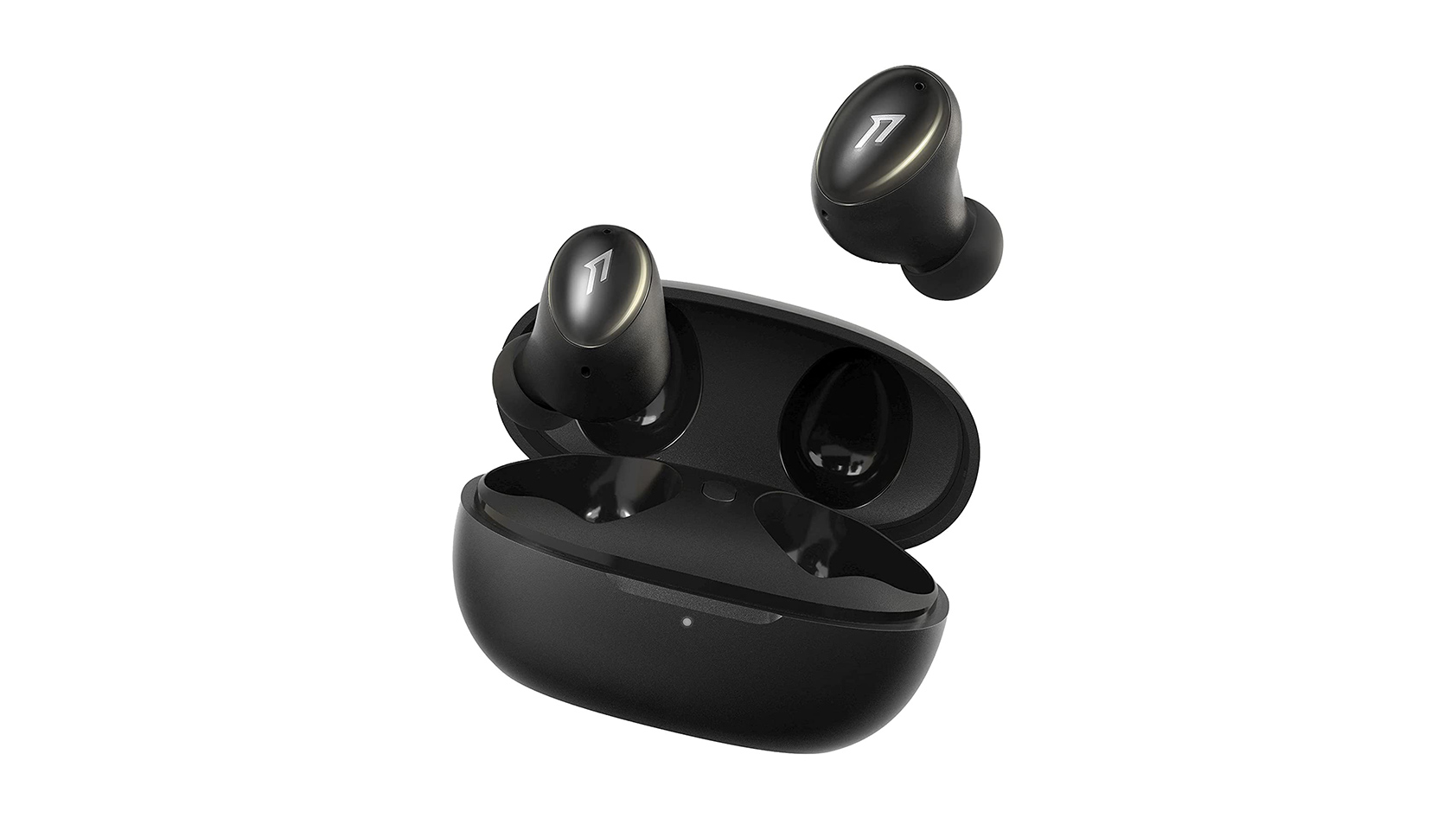 The 1MORE ColorBuds 2 in black against a white background with the true wireless earbuds floating above the case.