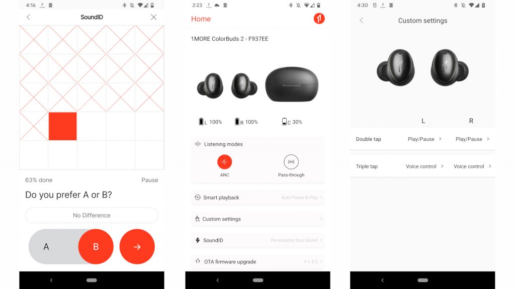 Three screenshots of the 1More Music app showing, from left to right, the Sound ID feature, the home screen with the battery status of each bud and the case, and the touch control settings screen.