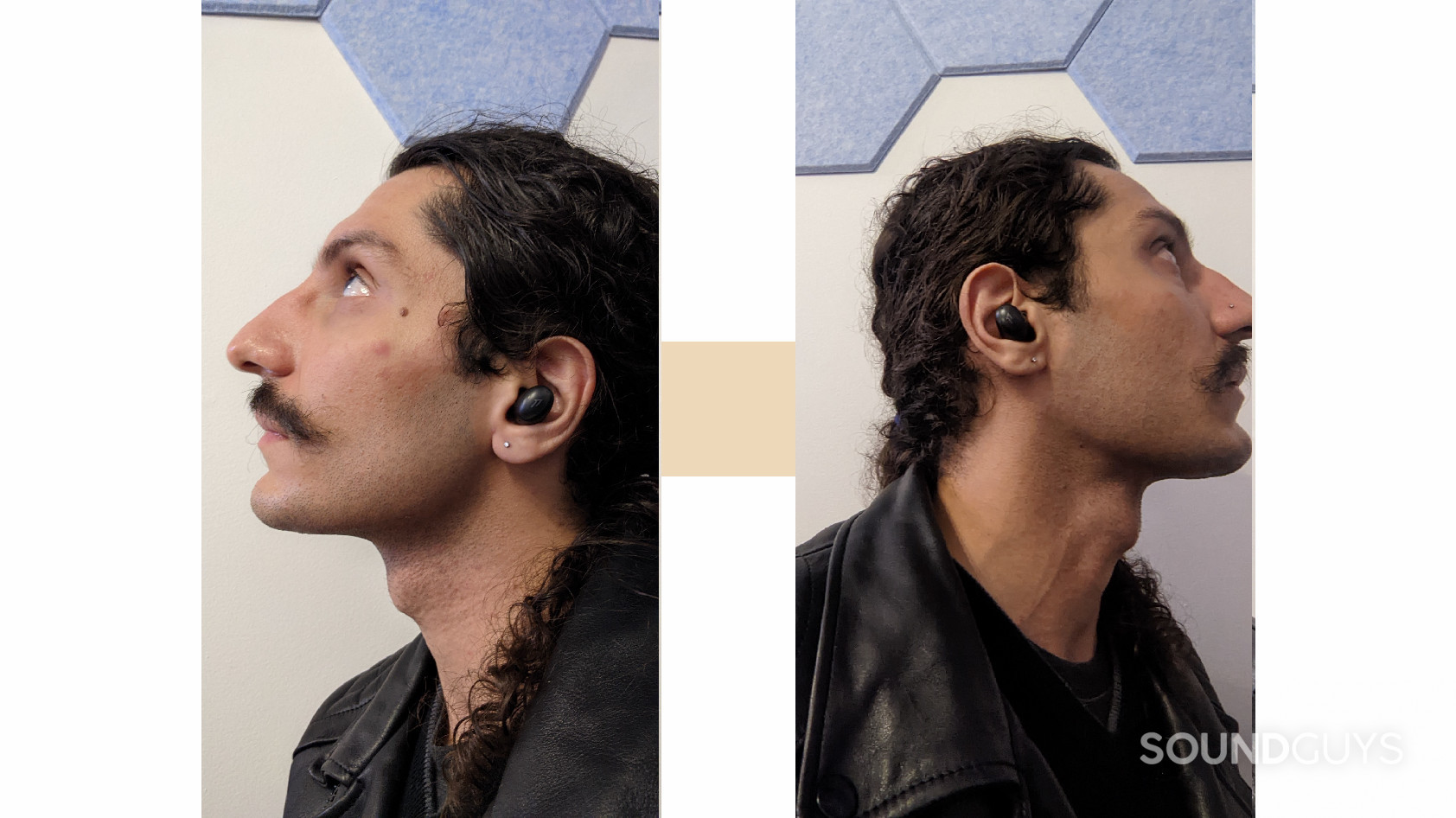 The 1MORE ColorBuds 2 shown in two images in a person's left ear on the left and in the right ear on the right.