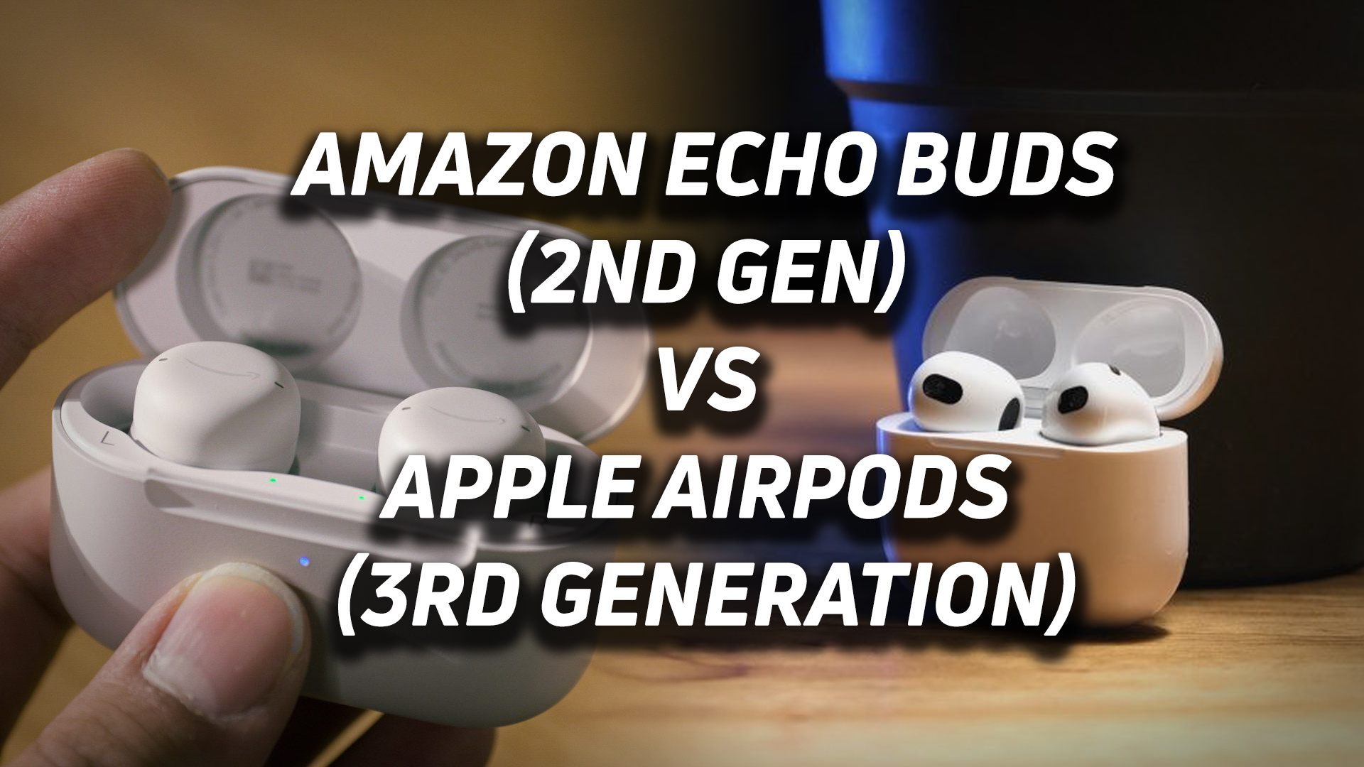 Image of the Amazon Echo Buds (2nd Gen) next to an image of the Apple AirPods (3rd generation)