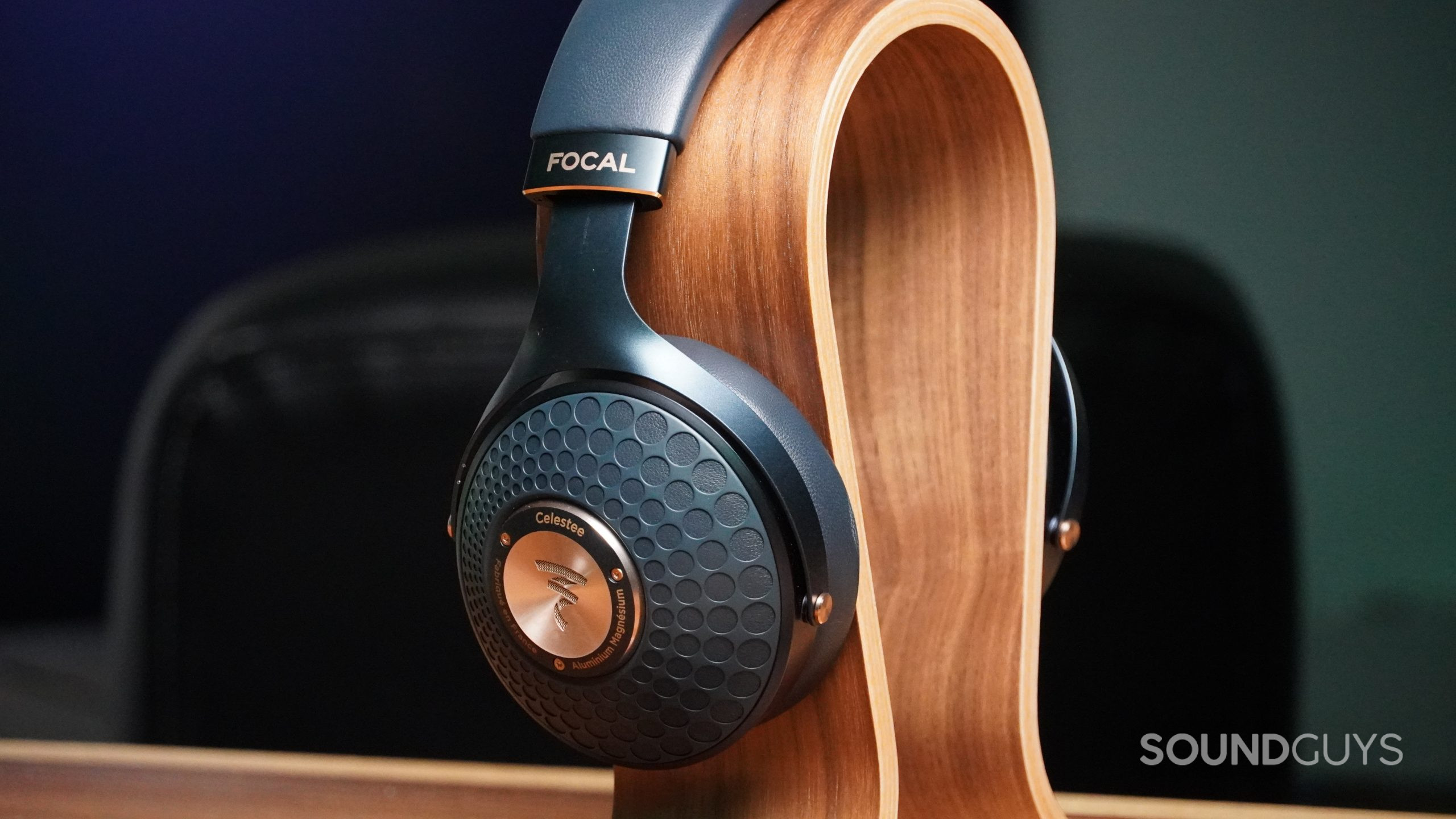 The Focal Celestee on a headphone stand.