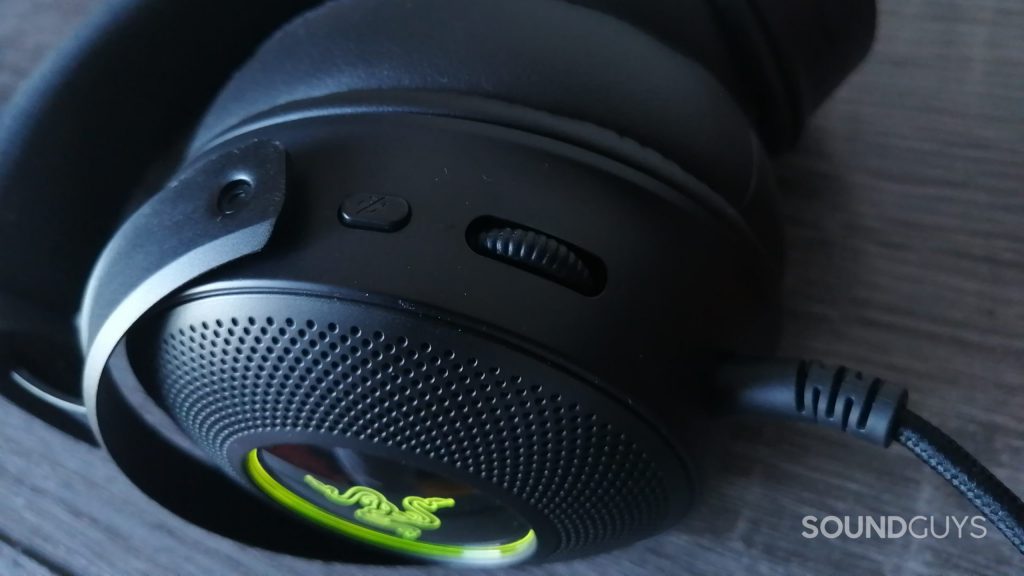 The Razer Kraken V3 HyperSense showing off the volume knob and mute button.
